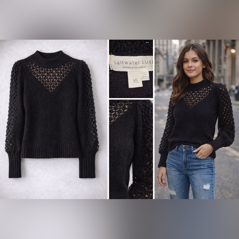 Saltwater LUXE Black Open Knit Sweater XS | Sheer Lace Detail Boho Chic EUC